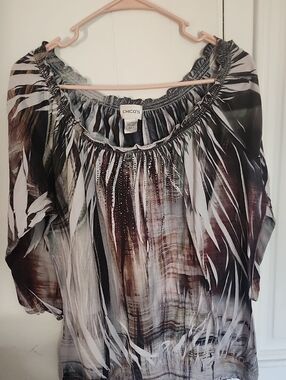 Chico's Brown and Cream Printed Peasant Top with Rhinestone Detail